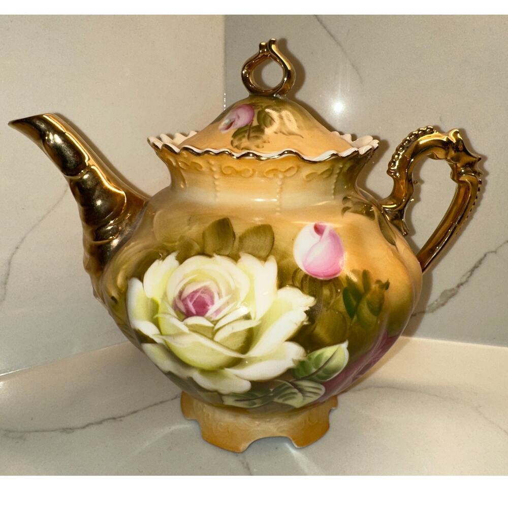 RARE Teapot & Lid Heritage Brown Floral Lefton 3112 6 Cup 6" high Discontinued